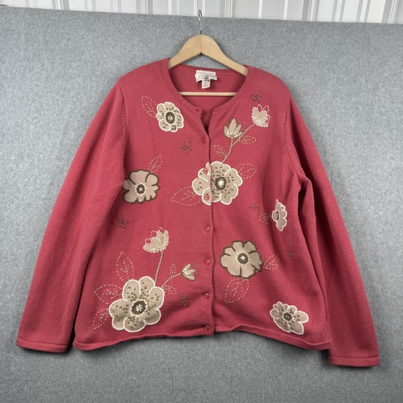 Christopher & Banks Sweaters - Vintage CJ Banks Sweater Womens 2X Pink Floral Embroidered Cardigan Y2K Granny